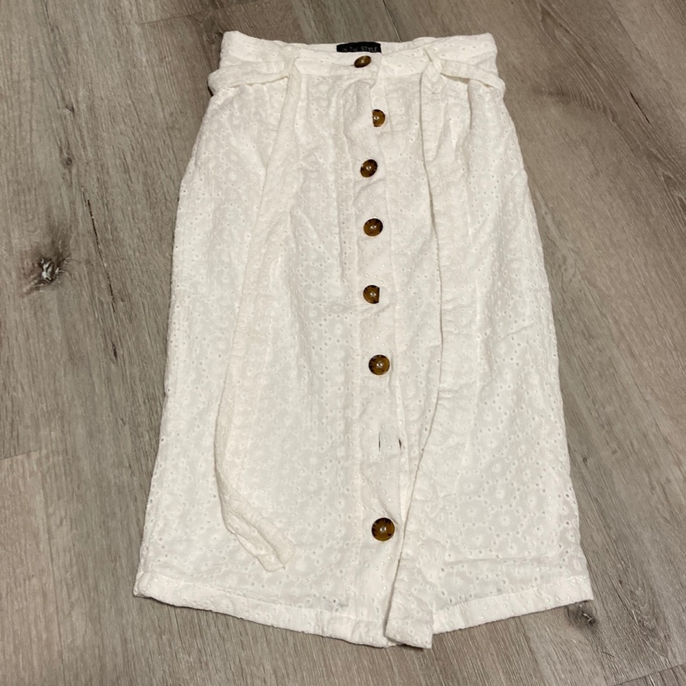White eyelet pencil midi skirt